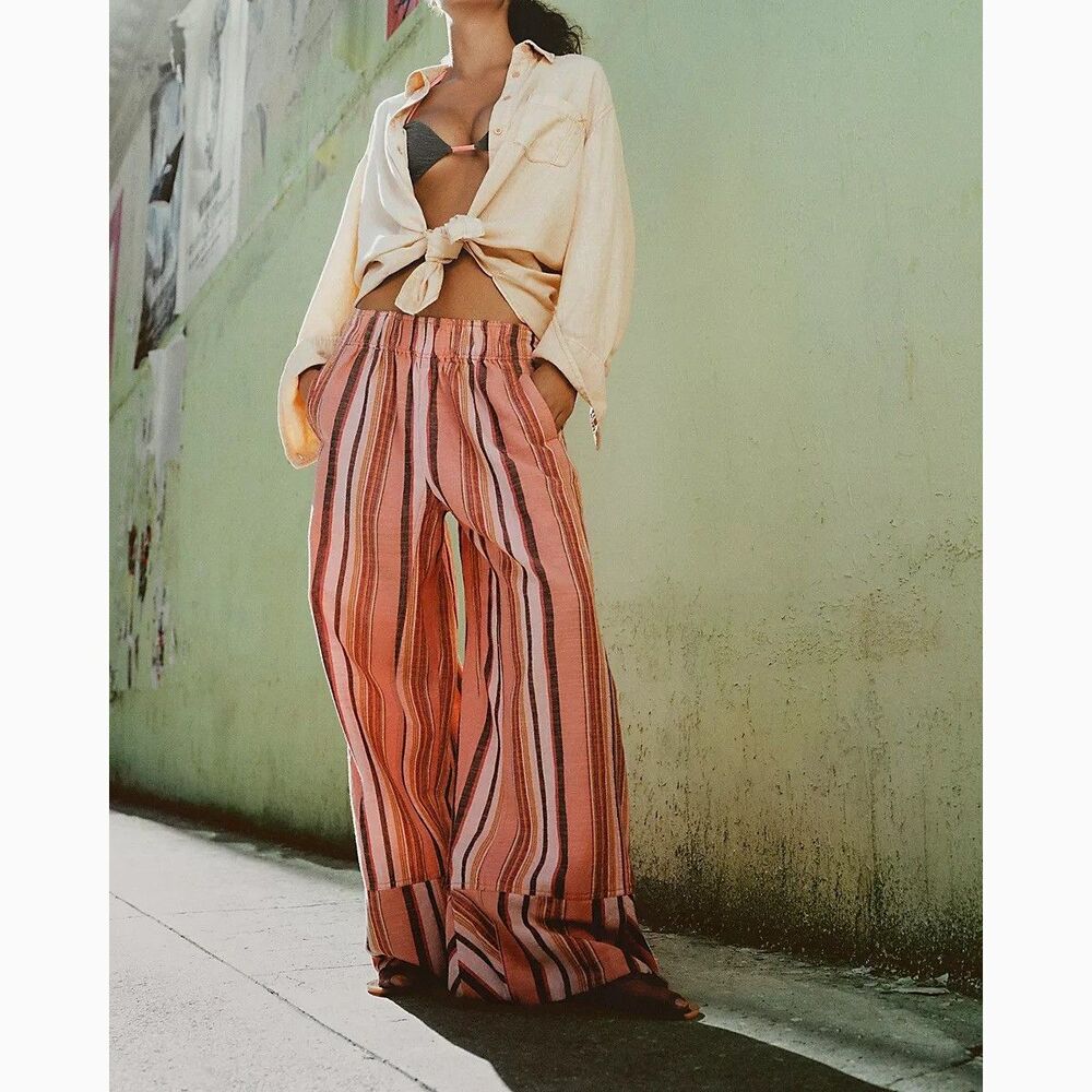 Free People Day's End Linen Striped Pull-On Pants Printed Mid-Rise XL 287125